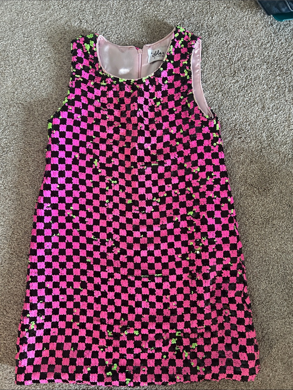Lola + The Boys Pink and Black Check Sequin A-line Dress